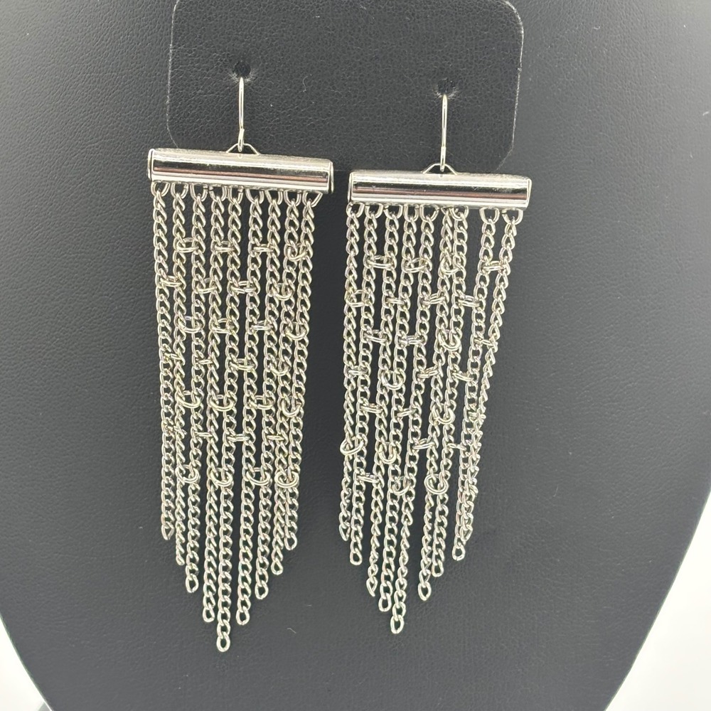 Waterfall Chain Earrings Silver Tone Multi Strand Dangle Edgy Dangle Drop